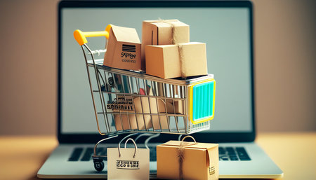 Product packaging boxes and a shopping bag in a cart with a laptop computer that displays a web store shop on a screen for the online shopping and delivery concept, Generative AIの素材