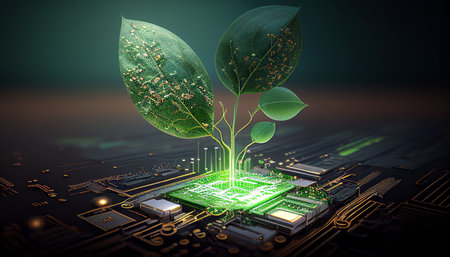 A computer chip with a green sprout. Using Generative AI technologies, an organic digital background was generated.の素材