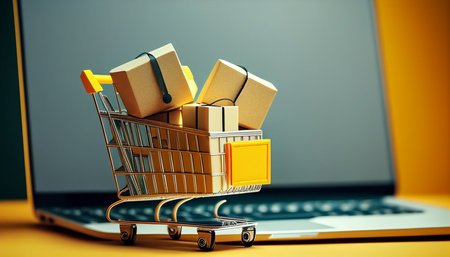 Product packaging boxes and a shopping bag in a cart with a laptop computer that displays a web store shop on a screen for the online shopping and delivery concept, Generative AIの素材