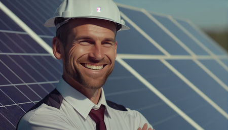 Engineer man with a smile checking the operation of the sun and the cleanliness of photovoltaic solar panels, AI Generativeの素材