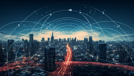 Contemporary city with wireless network connection and cityscape theme. Concept of wireless network and communication technologies with a daytime city background, Generative AIの素材