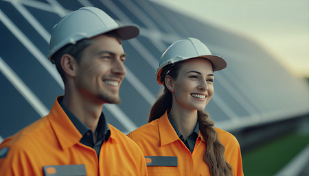 Smiling male and female electrical engineers in orange caps and safety shoes walk around a solar panel facility, conversing and looking at work. Background of solar panels, AI Generativeの素材
