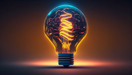 Future solution neon color ai technology background, futuristic ai light bulb for inspiration, Generative AIの素材