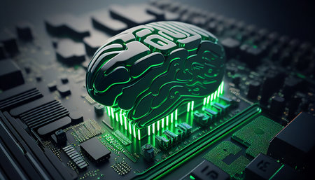 Rendering of Artificial Intelligence Hardware Idea. On the motherboard of a computer, there is a flashing brain circuit on a white microchip. For massive data processing, AI trading, Generative AIの素材