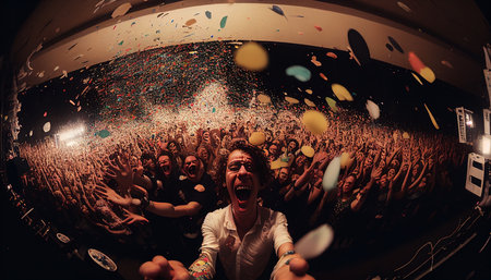 A colorful celebration with a large number of people, in an arena, with lights, confetti, a wide angle perspective, and cheerful people who are not looking at the camera, Generative AI.の素材