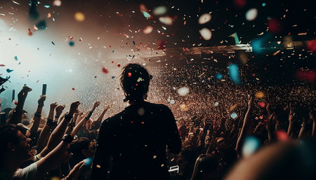 A colorful celebration with a large number of people, in an arena, with lights, confetti, a wide angle perspective, and cheerful people who are not looking at the camera, Generative AI.の素材