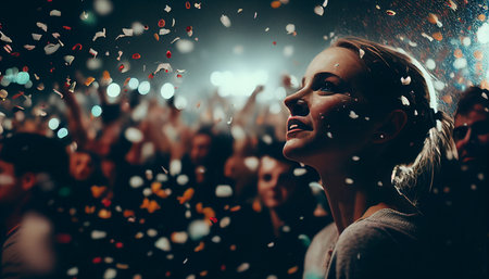 A colorful celebration with a large number of people, in an arena, with lights, confetti, a wide angle perspective, and cheerful people who are not looking at the camera, Generative AI.の素材