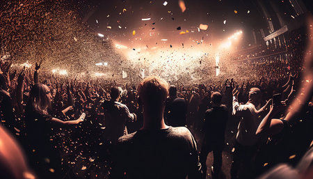 A colorful celebration with a large number of people, in an arena, with lights, confetti, a wide angle perspective, and cheerful people who are not looking at the camera, Generative AI.の素材