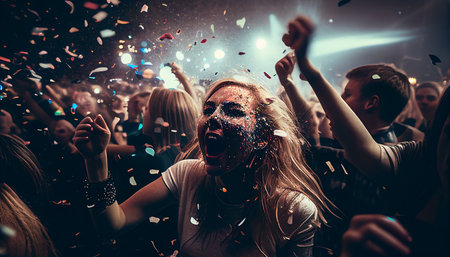 A colorful celebration with a large number of people, in an arena, with lights, confetti, a wide angle perspective, and cheerful people who are not looking at the camera, Generative AI.の素材