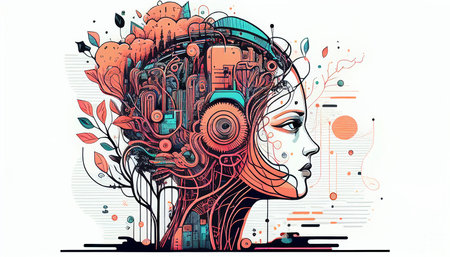 Doodle of a Cyber Head using AI technology. Robotic computer Intellect Brainstorming Business Creativity Ideas, Generative AIの素材