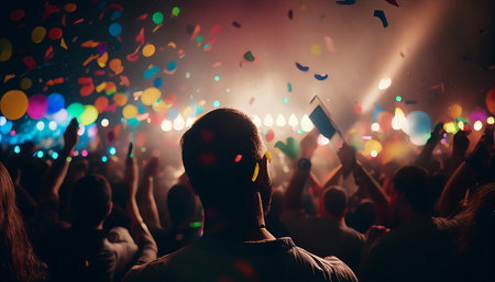 A colorful celebration with a large number of people, in an arena, with lights, confetti, a wide angle perspective, and cheerful people who are not looking at the camera, Generative AI.の素材