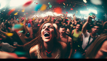 A colorful celebration with a large number of people, in an arena, with lights, confetti, a wide angle perspective, and cheerful people who are not looking at the camera, Generative AI.の素材