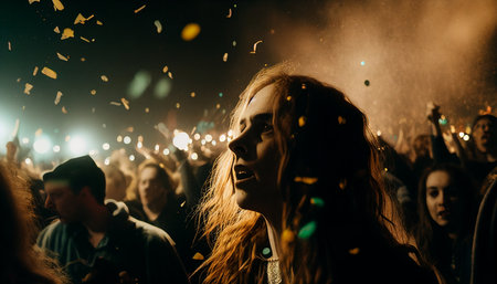 A colorful celebration with a large number of people, in an arena, with lights, confetti, a wide angle perspective, and cheerful people who are not looking at the camera, Generative AI.の素材