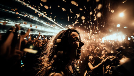 A colorful celebration with a large number of people, in an arena, with lights, confetti, a wide angle perspective, and cheerful people who are not looking at the camera, Generative AI.の素材