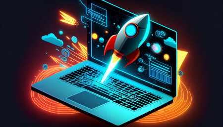 Electronic gadget development using a rocket with blue graphical elements On a laptop, Generative AI launches a rocket across a neon-glow circle.の素材