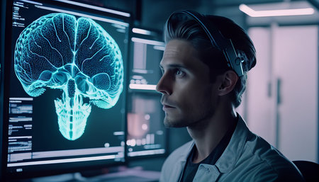 A doctor in the future uses advanced holographic scanning of a patient's brain cell disease and diagnostic scan, AI Generativeの素材
