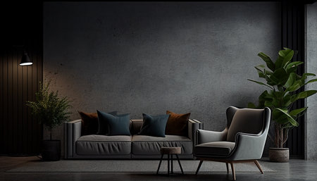 An armchair is on an empty dark wall background in the living room interior concrete wall model, Generative AI.の素材