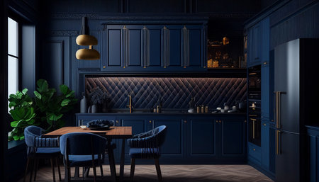 Generative AI, Contemporary Dark Blue Kitchenの素材