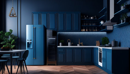 Generative AI, Contemporary Dark Blue Kitchenの素材