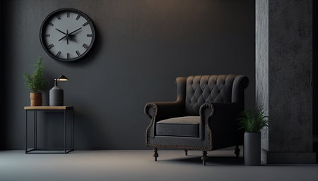 An armchair is on an empty dark wall background in the living room interior concrete wall model, Generative AI.の素材