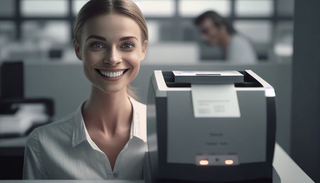 Generative AI, smile woman employee scanning face on machine to record working timeの素材