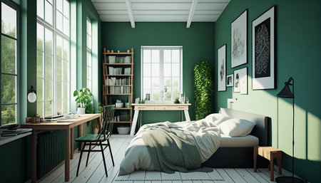A modern house in the background, with a cozy green bedroom with white furnishings and natural wooden tables. AI generativeの素材