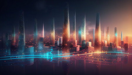 Smart city and abstract dot point connect with gradient line and aesthetic Big data connection technology concept, Generative AI, intricate wave line designの素材