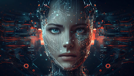 Idea of AI Takeover with Digital Face on Tech Background, Generative AIの素材