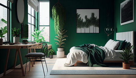 A modern house in the background, with a cozy green bedroom with white furnishings and natural wooden tables. AI generativeの素材