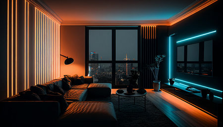 LED strips illuminate a modern and comfortable living area, Generative AIの素材