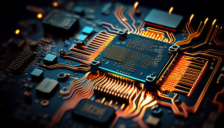 Super macro, glowing computer chip and CPU motherboard technology circuit board, Generative AIの素材