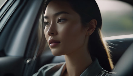 an Asian gorgeous woman driver fastens her seatbelt in her car, Generative AIの素材