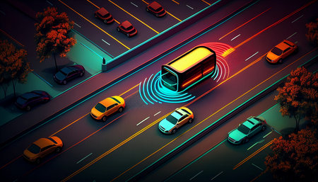 Concept of an autonomous car sensor system for the safety of driverless mode car control. Adaptive cruise control in the future will detect neighboring vehicles and pedestrians. , Generative AIの素材