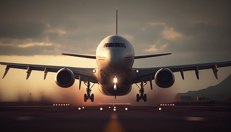 A commercial or cargo jet takes off from the airport runway, using Generative AI.の素材
