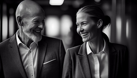 Office background, smiling businessman and smiling businesswoman holding hands, best buddy, Generative AIの素材