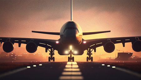 A commercial or cargo jet takes off from the airport runway, using Generative AI.の素材