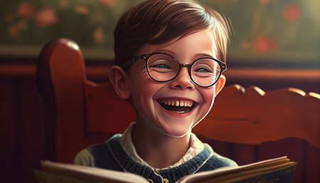 A kid 10-12, bright, cheerful, smiling with teeth, seated on a wooden chair. , Generative AI, wearing reading glassesの素材