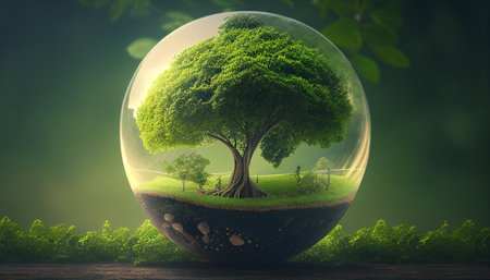 Nature background lush green concept environmental earth day, tree growth on glass globe, Generative AIの素材