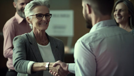 In the office, a gorgeous smiling older woman shakes hands with a smiling young man to celebrate a good business deal. Colleagues thank Generative AI for their assistance.の素材