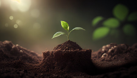 Dirt and sapling against a blurry green natural background Ecological Earth Day concept, Generative AIの素材