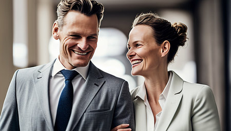 Office background, smiling businessman and smiling businesswoman holding hands, best buddy, Generative AIの素材