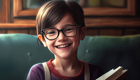 A kid 10-12, bright, cheerful, smiling with teeth, seated on a wooden chair. , Generative AI, wearing reading glassesの素材