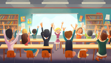 Students seated in an elementary school classroom with their backs turned, back straight, hands joyfully uplifted, Generative AIの素材