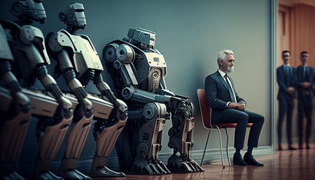 Businesspeople and a humanoid robot await a job interview, Generative AI.の素材