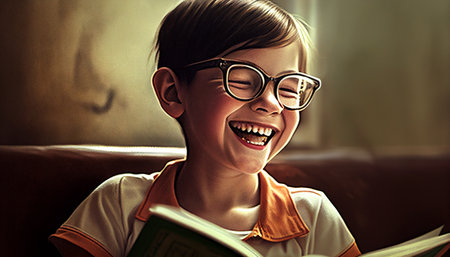 A kid 10-12, bright, cheerful, smiling with teeth, seated on a wooden chair. , Generative AI, wearing reading glassesの素材