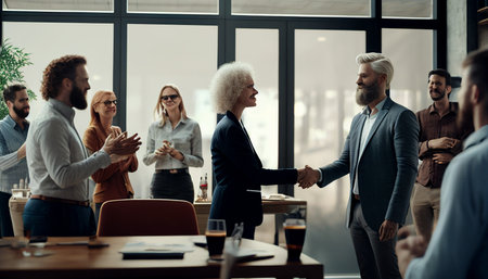 In the office, a gorgeous smiling older woman shakes hands with a smiling young man to celebrate a good business deal. Colleagues thank Generative AI for their assistance.の素材