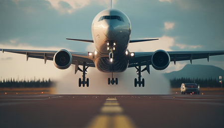 A commercial or cargo jet takes off from the airport runway, using Generative AI.の素材
