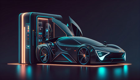 V A car or an electric vehicle is charging at a charging station with the power cable supply linked to the blurring energy power effect, Generative AIの素材