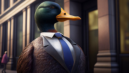 a duck in a business suit at the office, working on a computer, Generative AIの素材