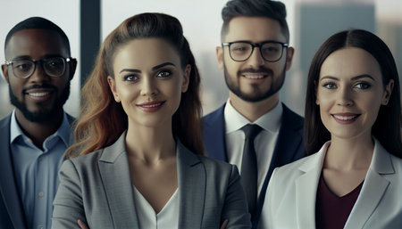 A diverse business group smiles People standing in an office with a city view, smiling and looking at the camera after completing work, Generative AIの素材